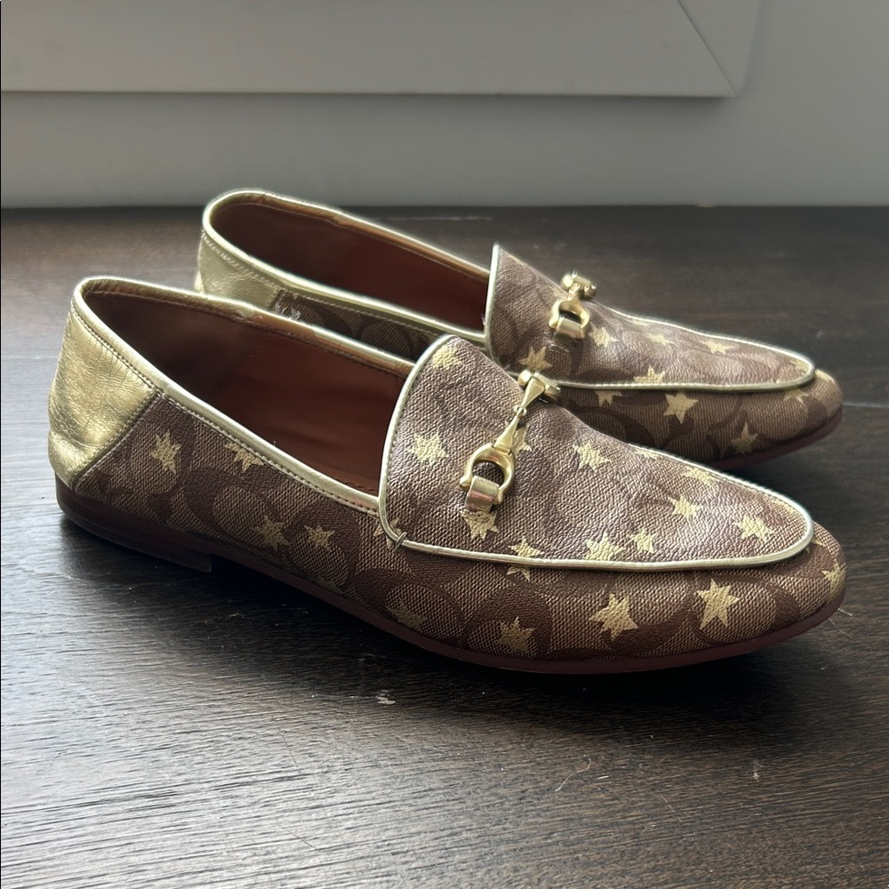 Coach Brown and Gold Star Pattern Loafers